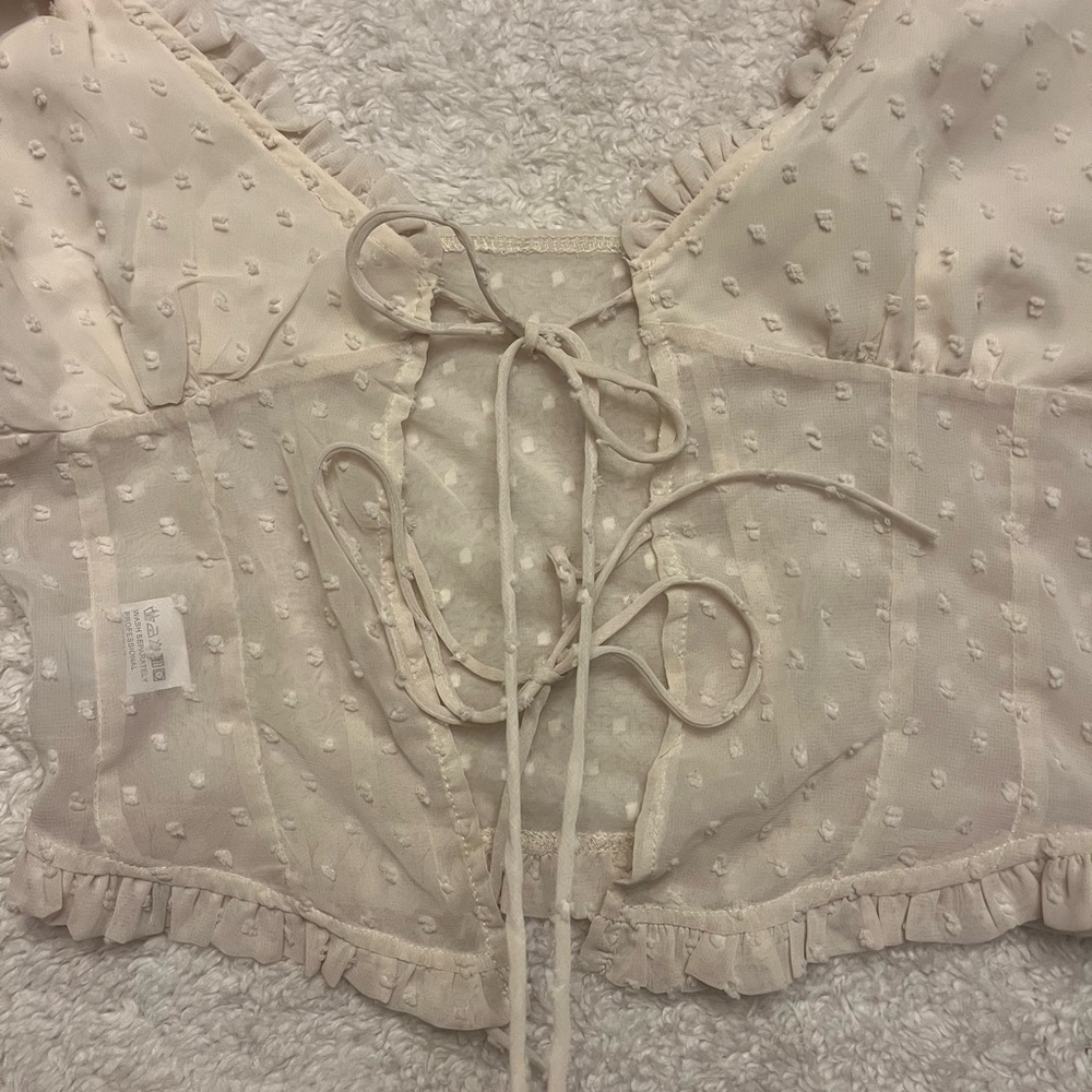 Y2K Front Tie Sheer Ruffle Trim Blouse - Picture 6 of 7